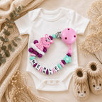 3er Set mit Namen - Hippo – Schnullerkette, Kinderwagenkette & Greifring mit Häkelröckchen