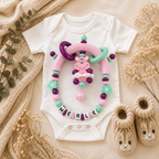 3er Set mit Namen - Hippo – Schnullerkette, Kinderwagenkette & Greifring mit Häkelröckchen