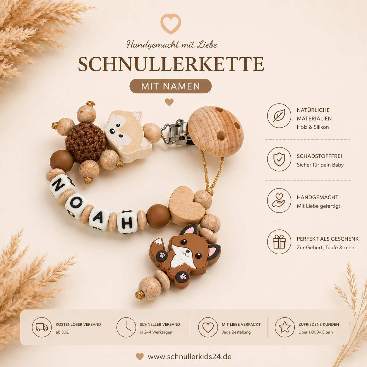 Personalisierte Schnullerkette mit Namen – Fuchs – für Mädchen & Jungen