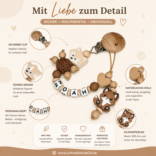 Personalisierte Schnullerkette mit Namen – Fuchs – für Mädchen & Jungen