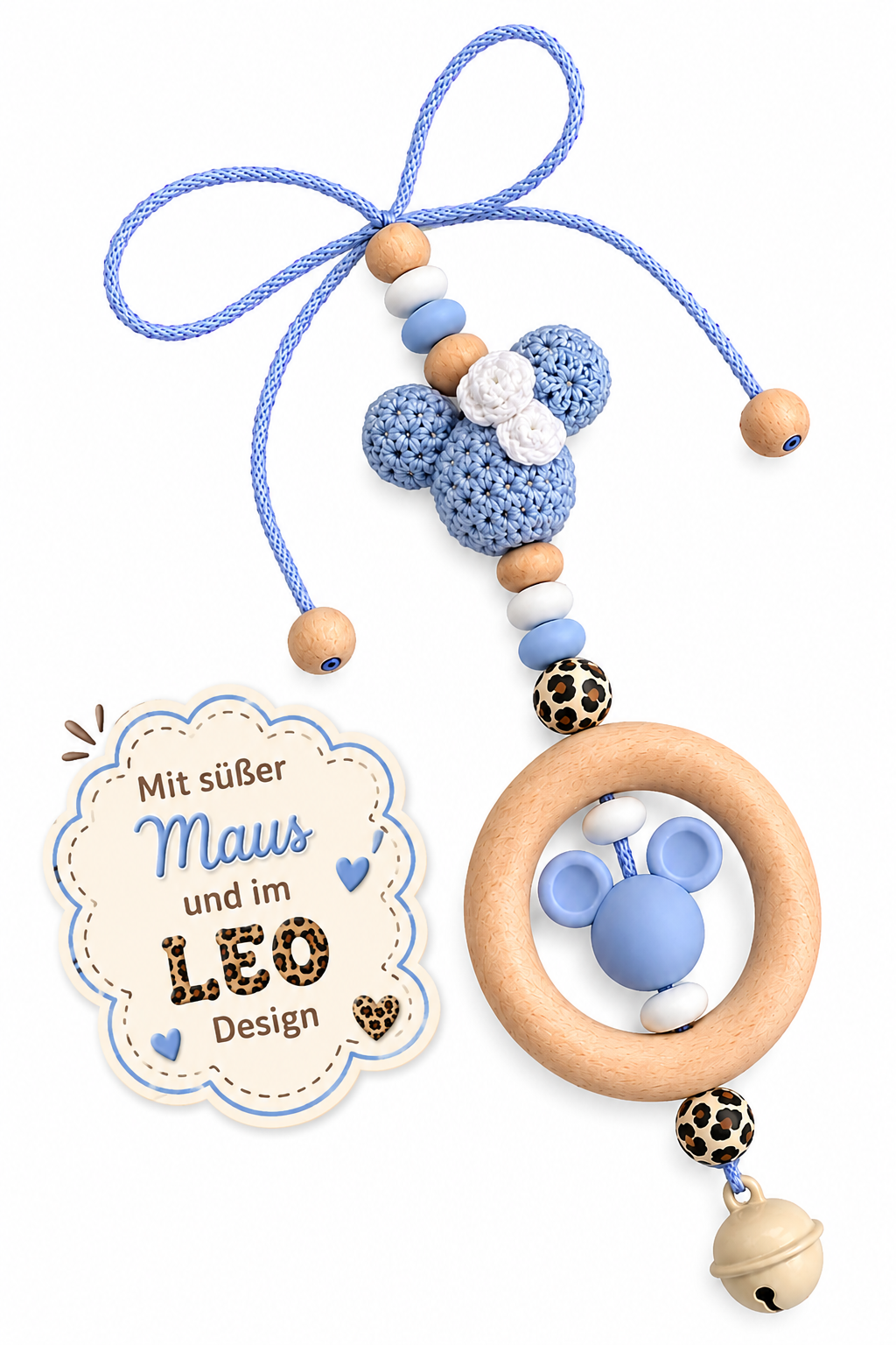 Babyschalenanhänger Maus mit Schleife – Kinderwagenanhänger im Leo Design