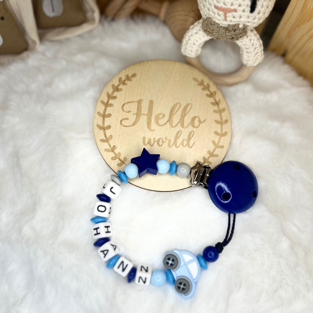 Set aus Schnullerkette & Kinderwagenkette | Auto | Stern | Hellblau & Dunkelblau