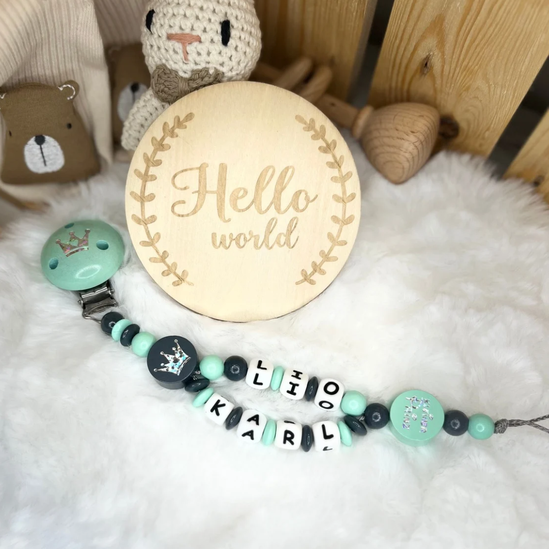Schnullerkette mit Doppelnamen - Kleiner Prinz | Krone | Grau & Mint