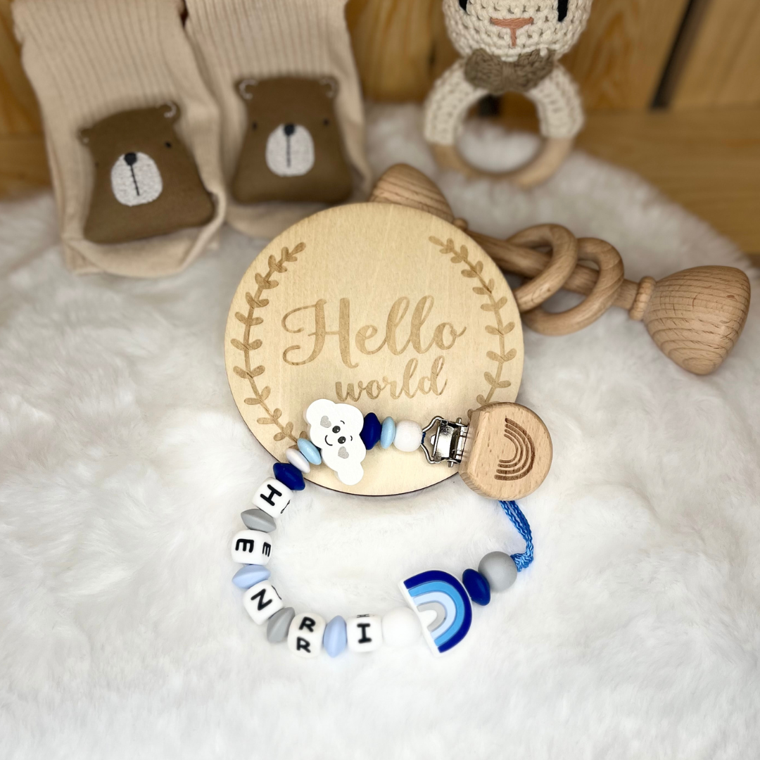 Schnullerkette mit Namen personalisiert | Regenbogen Wolke