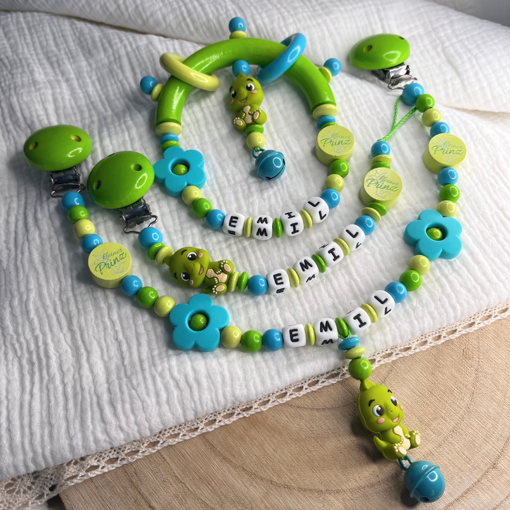 3er Set – Personalisierte Schnullerkette, Greifling & Kinderwagenkette - Dino - Grün