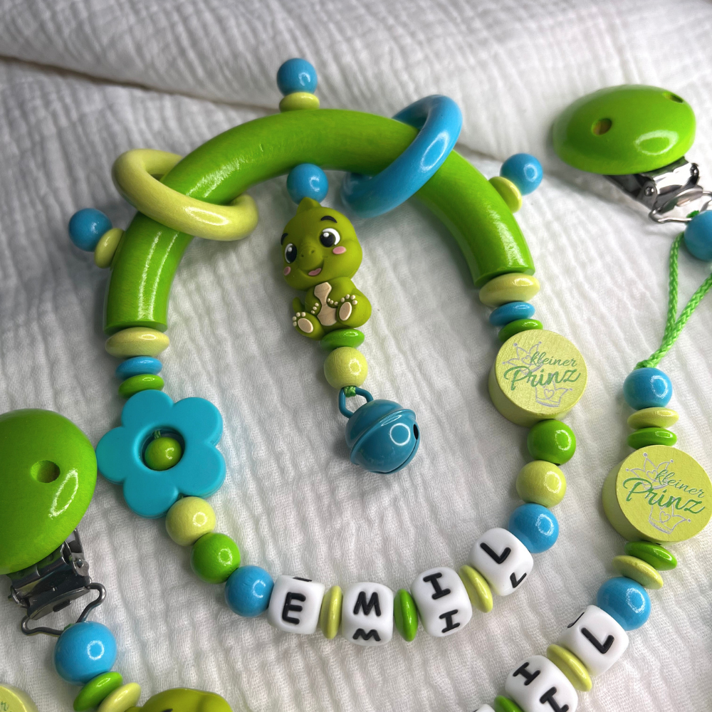 3er Set – Personalisierte Schnullerkette, Greifling & Kinderwagenkette - Dino - Grün