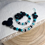 Schnullerkette & Greifring mit Namen - Maus - Babygeschenk - schwarz türkis