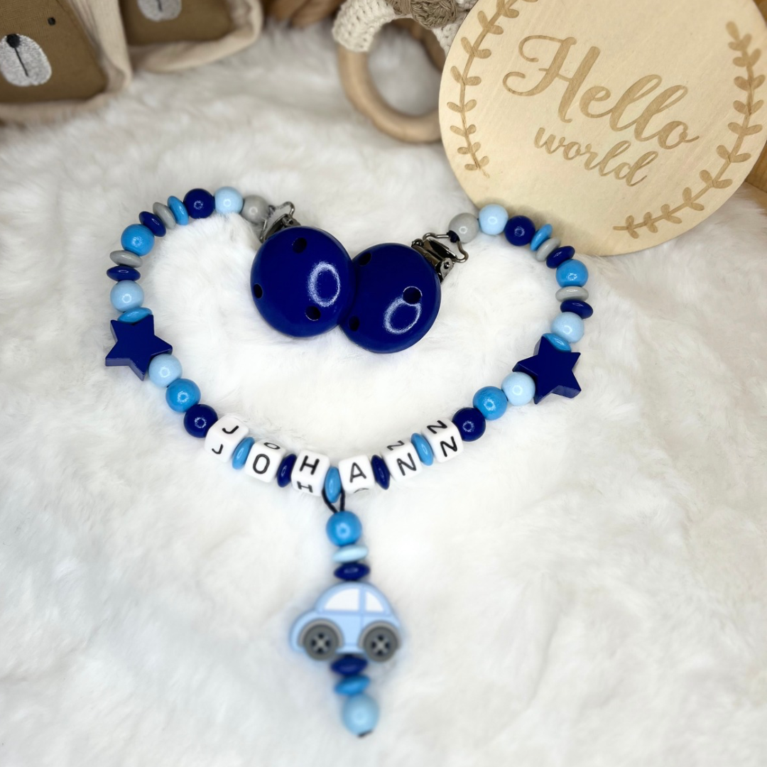 Set aus Schnullerkette & Kinderwagenkette | Auto | Stern | Hellblau & Dunkelblau