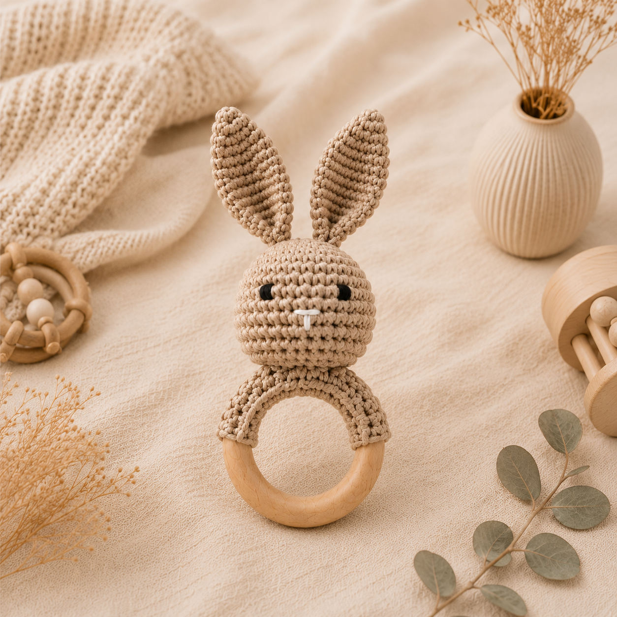 Gehäkelte Babyrassel Hase - Beige/Braun