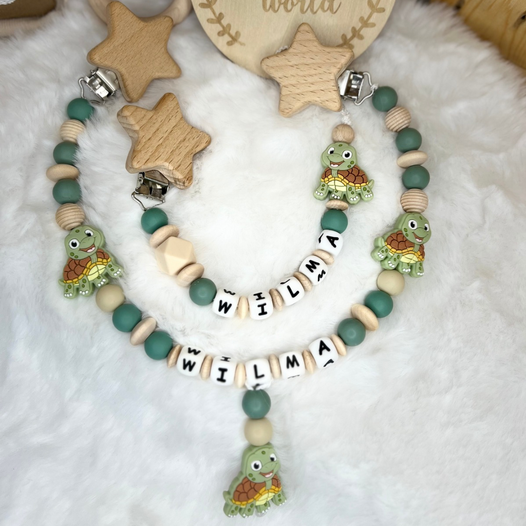 Set aus Schnullerkette & Kinderwagenkette | Schildkröte | Stern | Grün & Natur