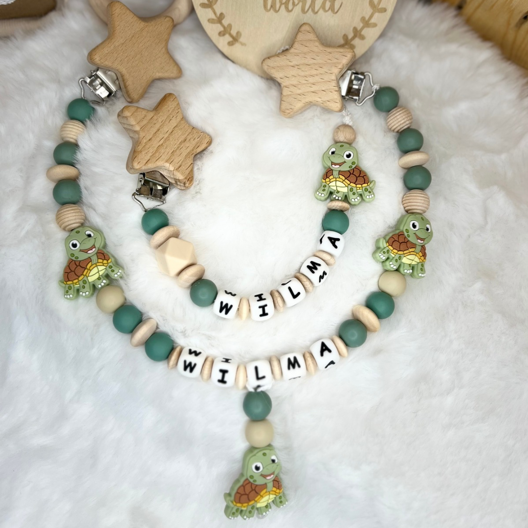 Set aus Schnullerkette & Kinderwagenkette | Schildkröte | Stern | Grün & Natur