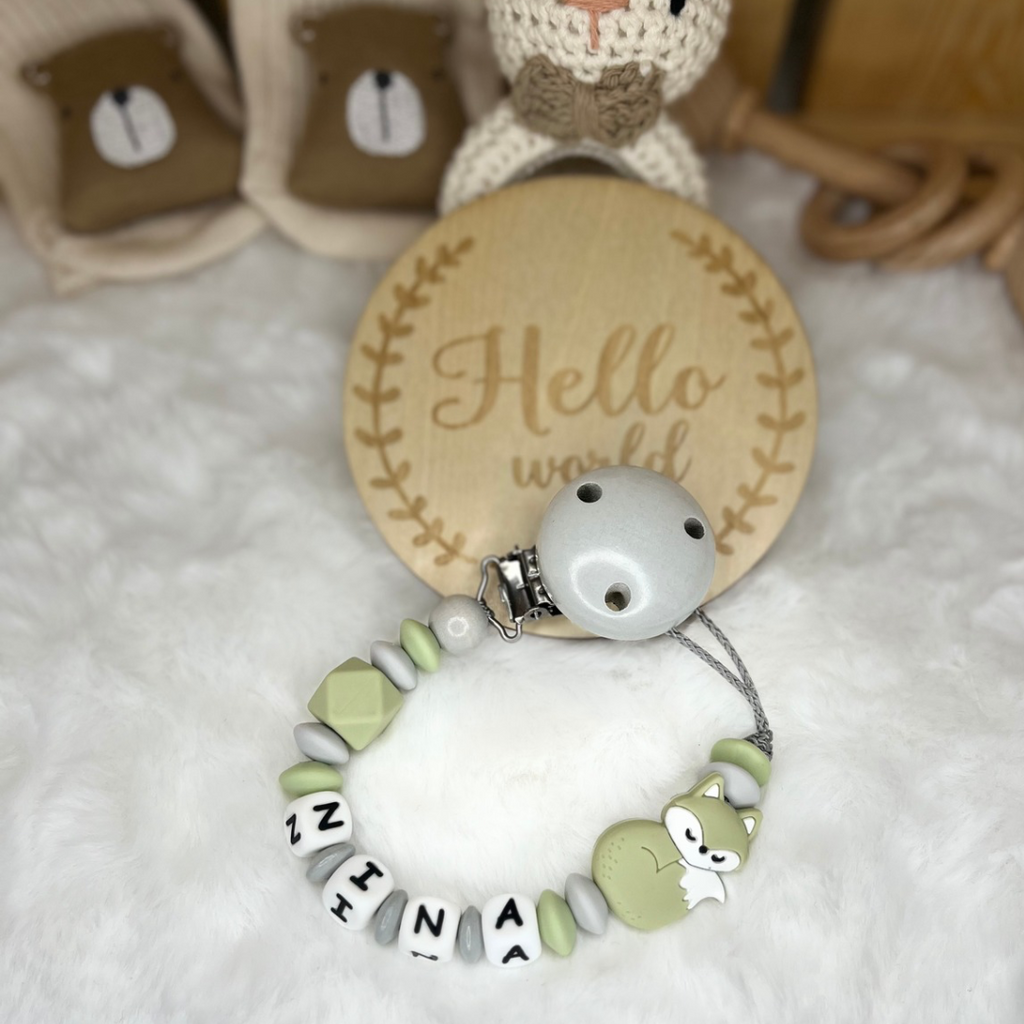 Set aus Schnullerkette & Kinderwagenkette | Fuchs | Herz | Olivegrün & Grau