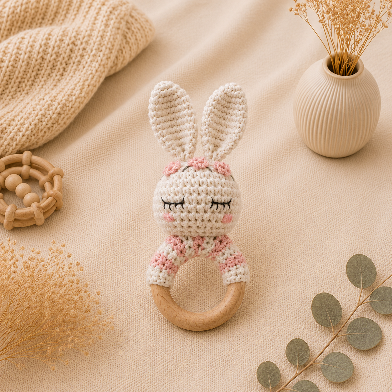 Gehäkelte Babyrassel Hase - Rosa/Weiß