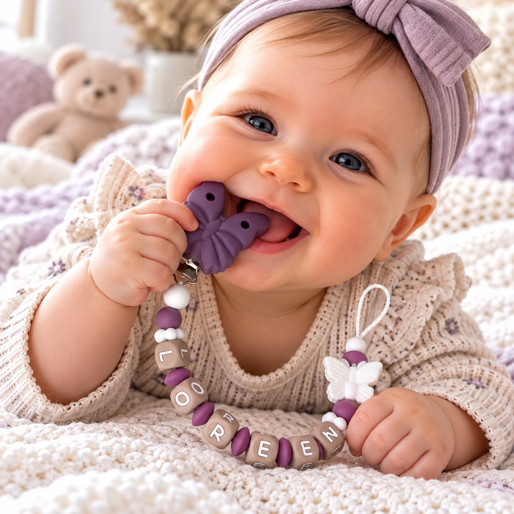 Schnullerkette mit Namen - personalisiert - Schmetterling - Baby Geschenk - pflaume weiß