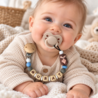 Personalisierte Schnullerkette mit Namen & Otter-Motiv – Blau, Grau und Natur | Babygeschenk zur Geburt