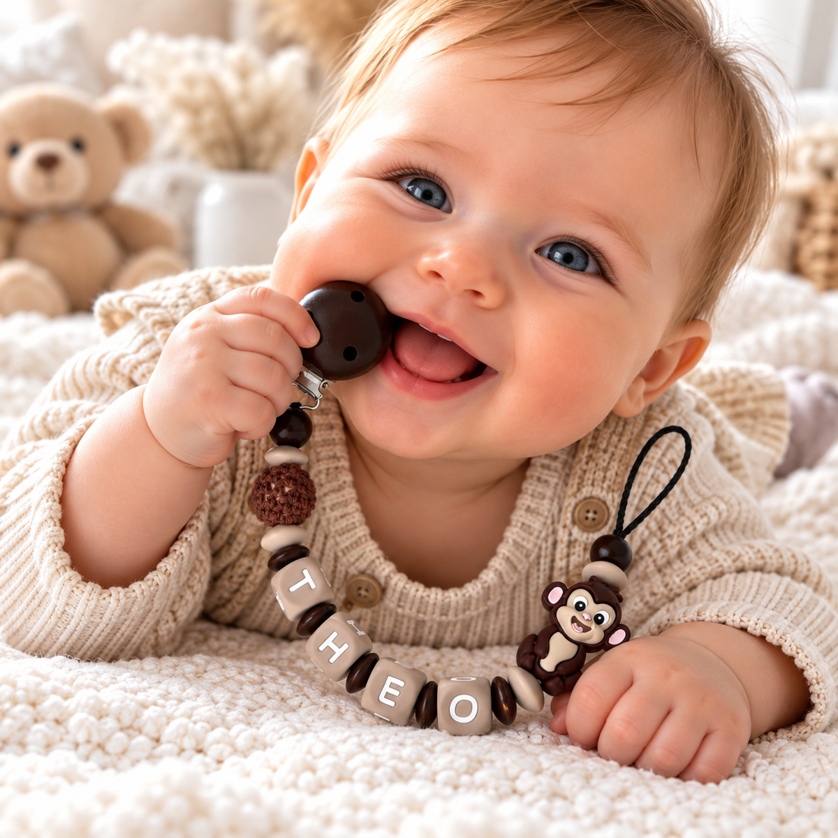 Schnullerkette mit Namen Junge - personalisiert  - Affe - Geschenk zur Geburt, Taufe, oder Babyparty