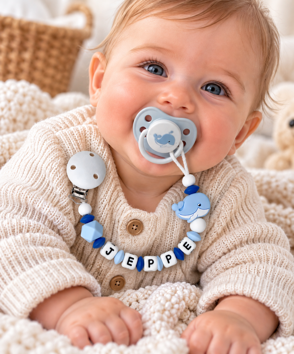 Personalisierte Schnullerkette mit Namen & Wal-Motiv in Blau-Weiß – Babygeschenk zur Geburt