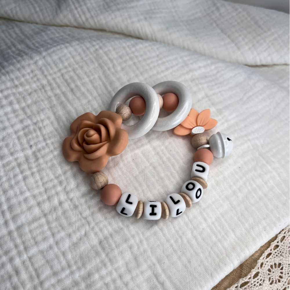 3er Set – Personalisierte Schnullerkette, Greifling & Kinderwagenkette - Blume - Baby Mädchen