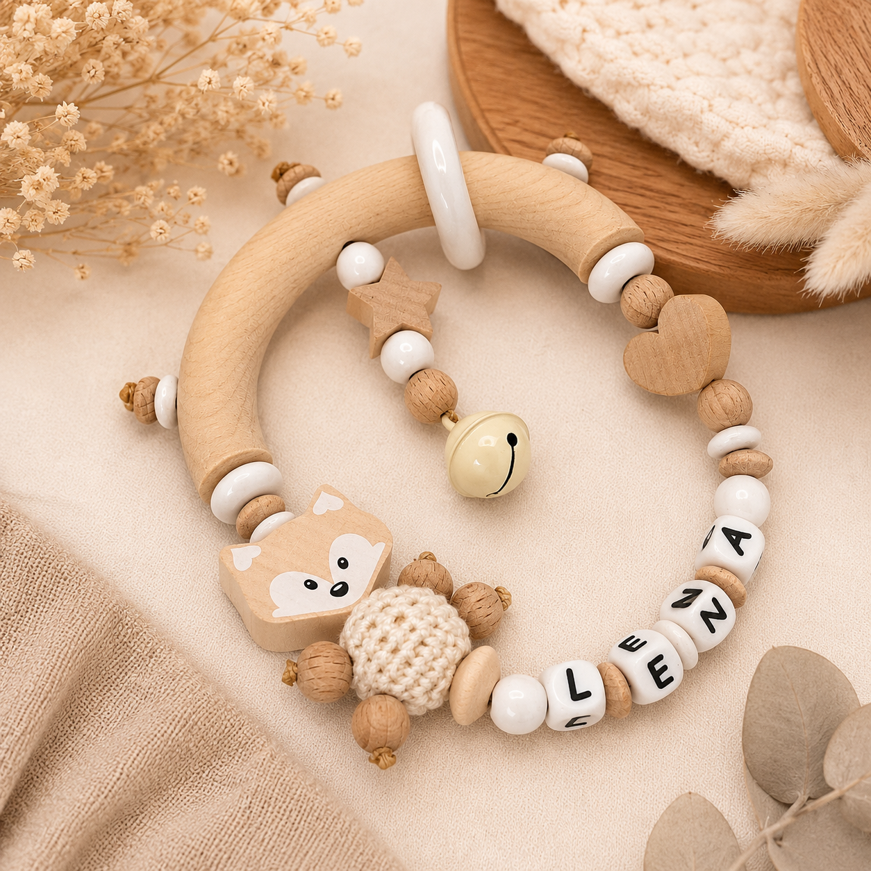 Greifling mit Namen – Fuchs Natur Weiß | Personalisiertes Baby Geschenk