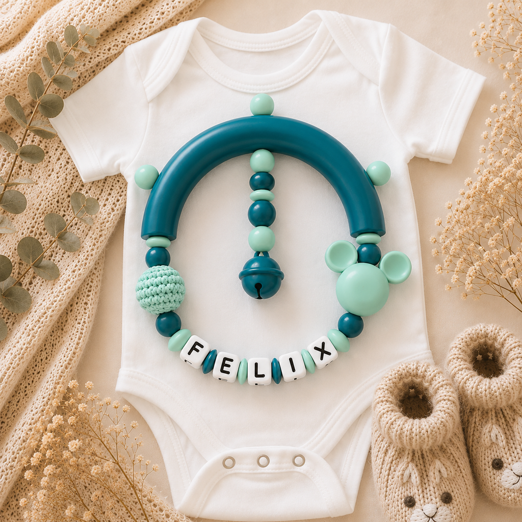 3-teiliges Baby Set  Maus Türkis Mint – Schnullerkette, Greifling & Kinderwagenkette personalisiert