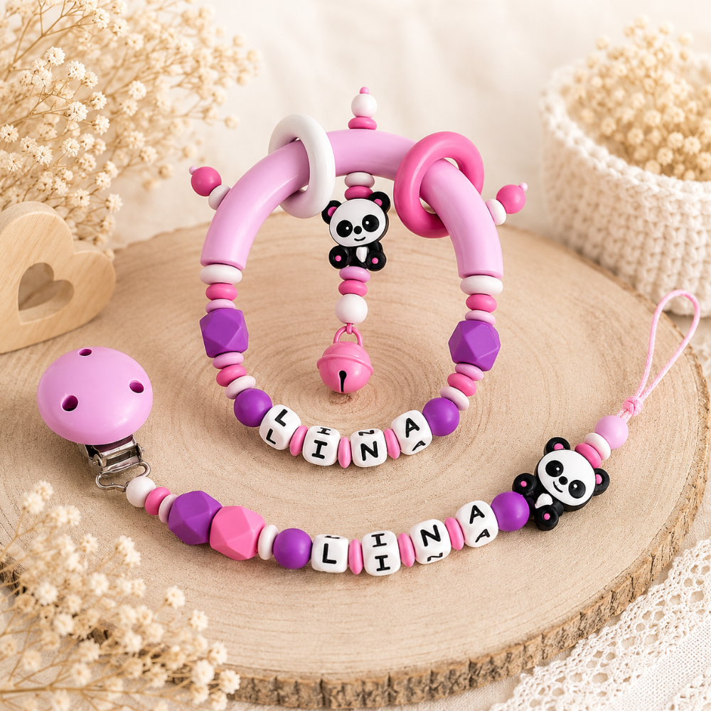 Schnullerkette & Greifling mit Namen - personalisiert - Baby Mädchen - Geschenk