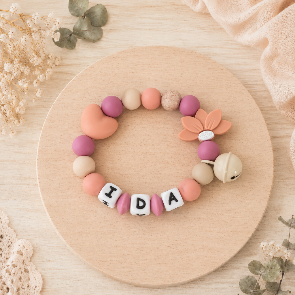 3er Set mit Namen Blume Herz | Schnullerkette, Greifring & Kinderwagenkette