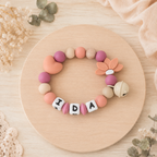 3er Set mit Namen Blume Herz | Schnullerkette, Greifring & Kinderwagenkette