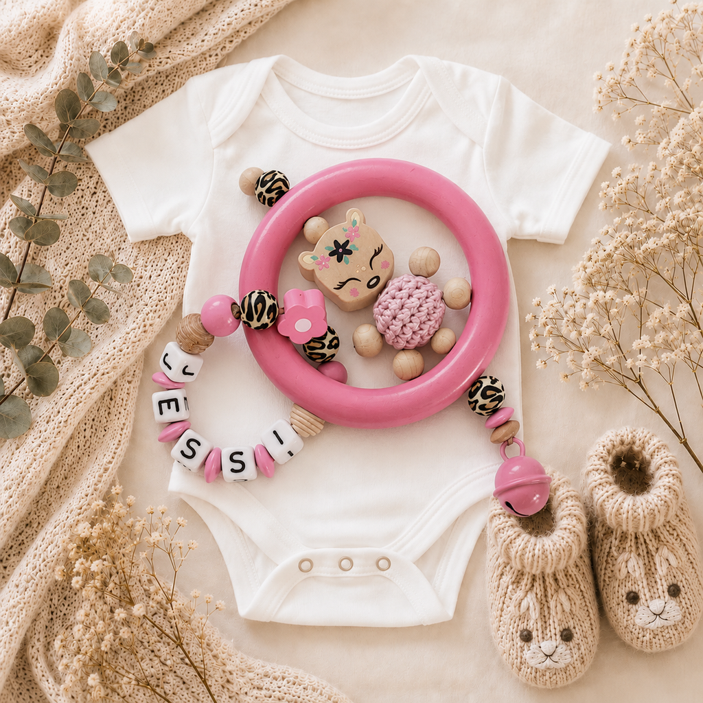 3-teiliges Baby-Set mit Namen Reh im trendigen Leo-Design