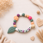 3er Set mit Namen Blume | Schnullerkette, Greifring & Kinderwagenkette