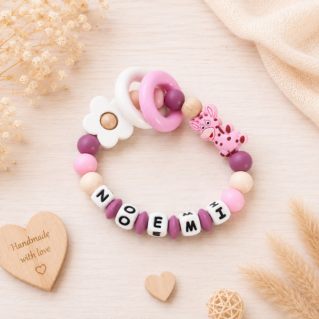 3er Set mit Namen Giraffe | Schnullerkette, Greifring & Kinderwagenkette