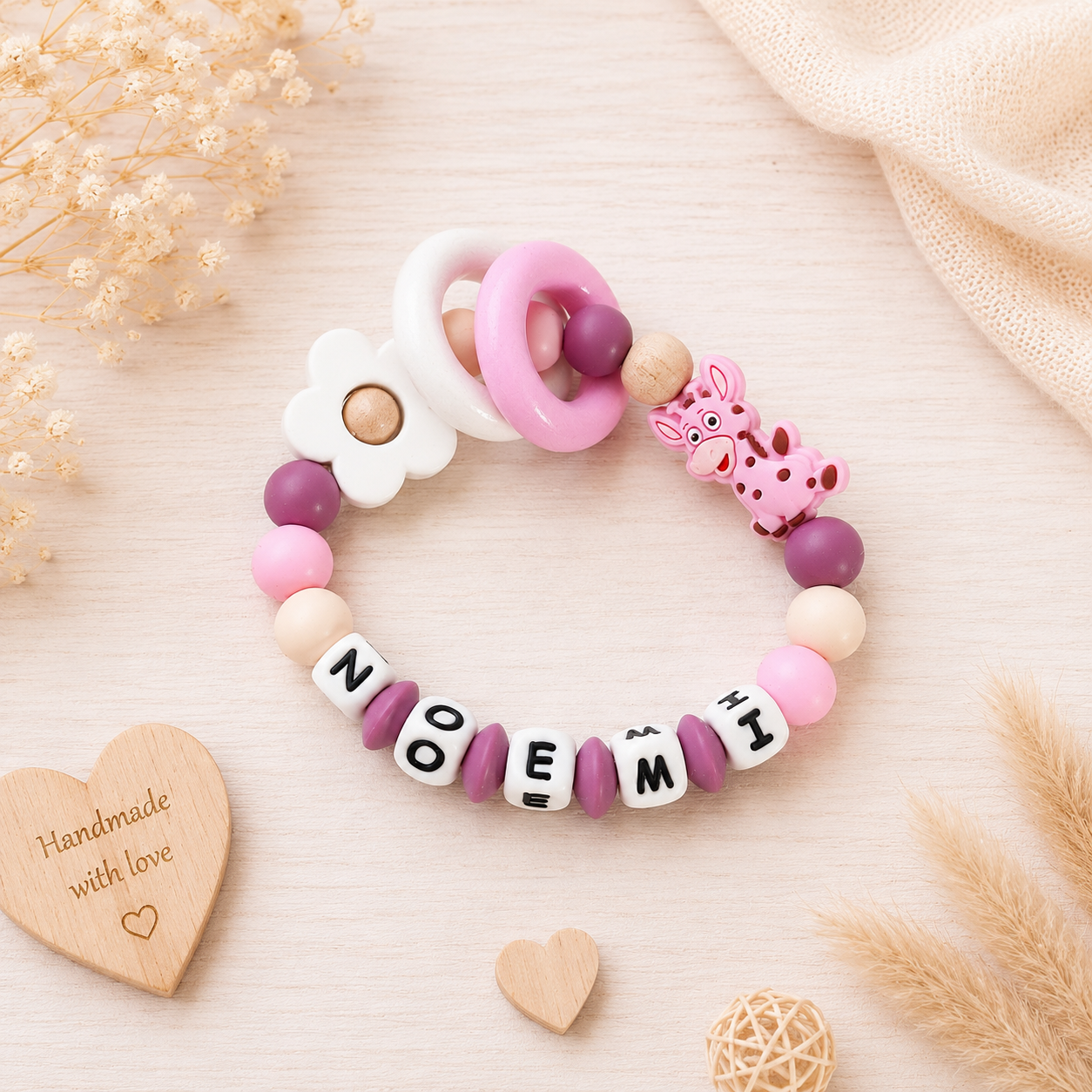 3er Set mit Namen Giraffe | Schnullerkette, Greifring & Kinderwagenkette