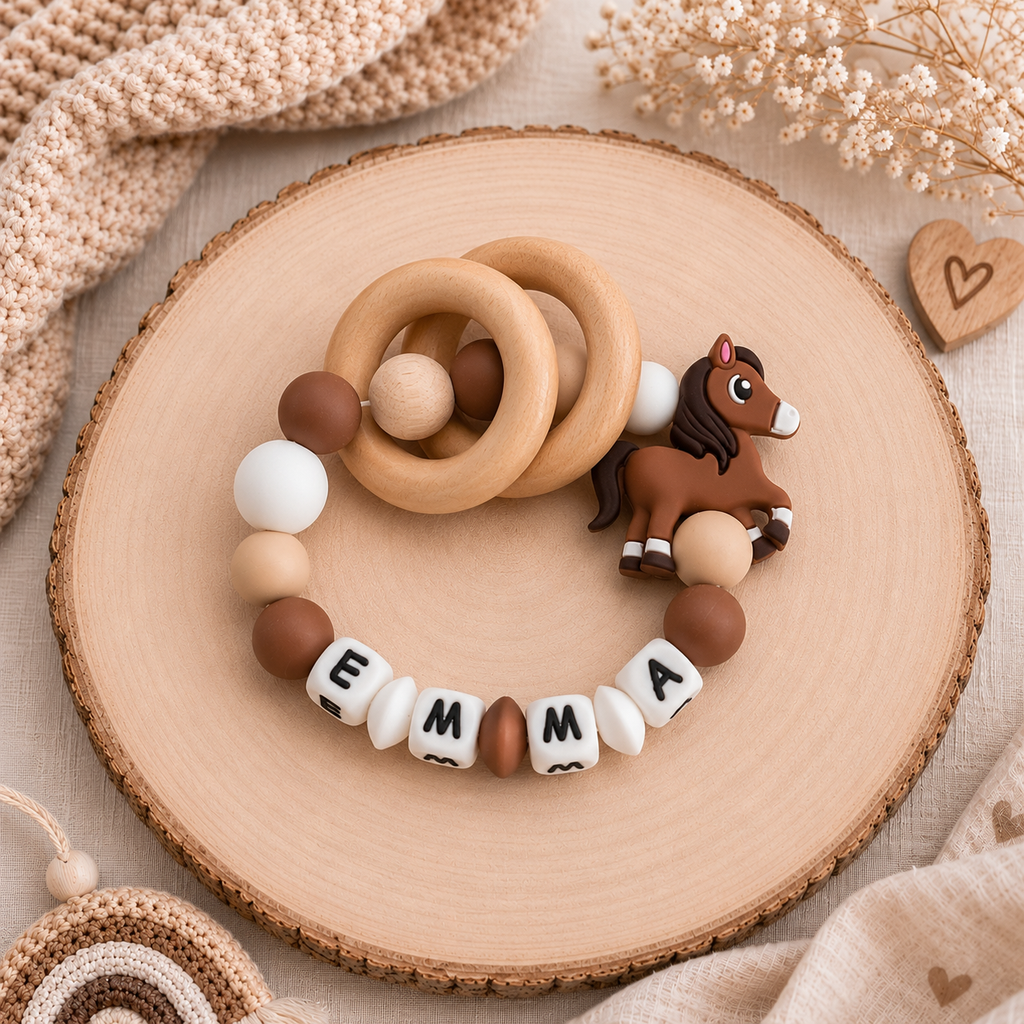 3er Set mit Namen Pferd | Schnullerkette, Greifring & Kinderwagenkette