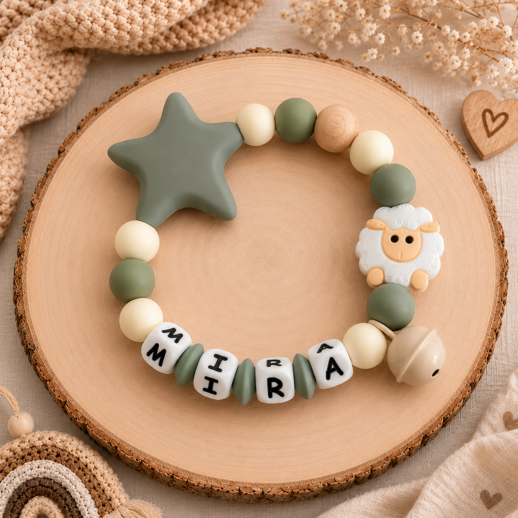 3er Set mit Namen 3D Schaf | Schnullerkette, Greifring & Kinderwagenkette