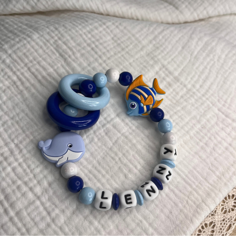 3er Set – Personalisierte Schnullerkette, Greifling & Kinderwagenkette - Fisch Oktopus Wal - Junge
