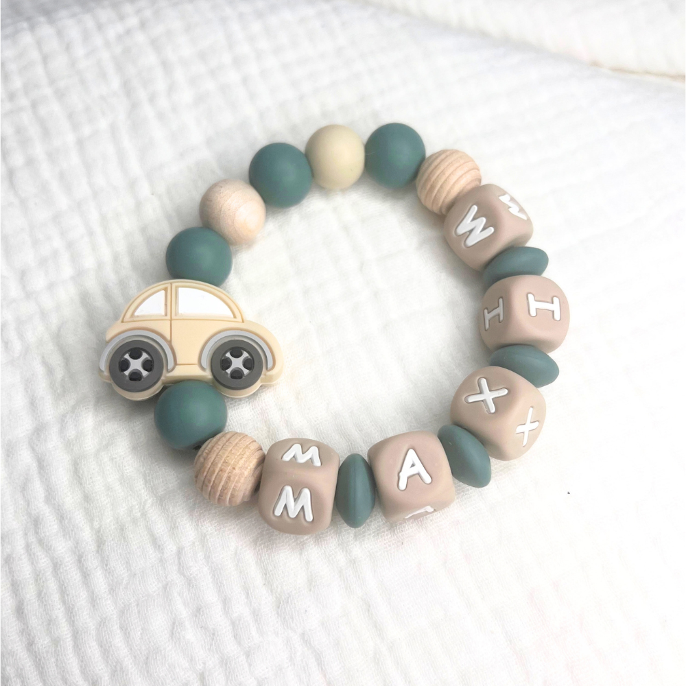 3er Set – Personalisierte Schnullerkette, Greifling & Kinderwagenkette - Auto - Baby Junge