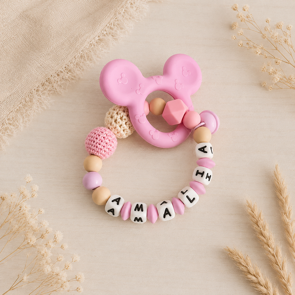 3-teiliges Baby Geschenkset mit Namen | Schnullerkette, Greifling & Kinderwagenkette