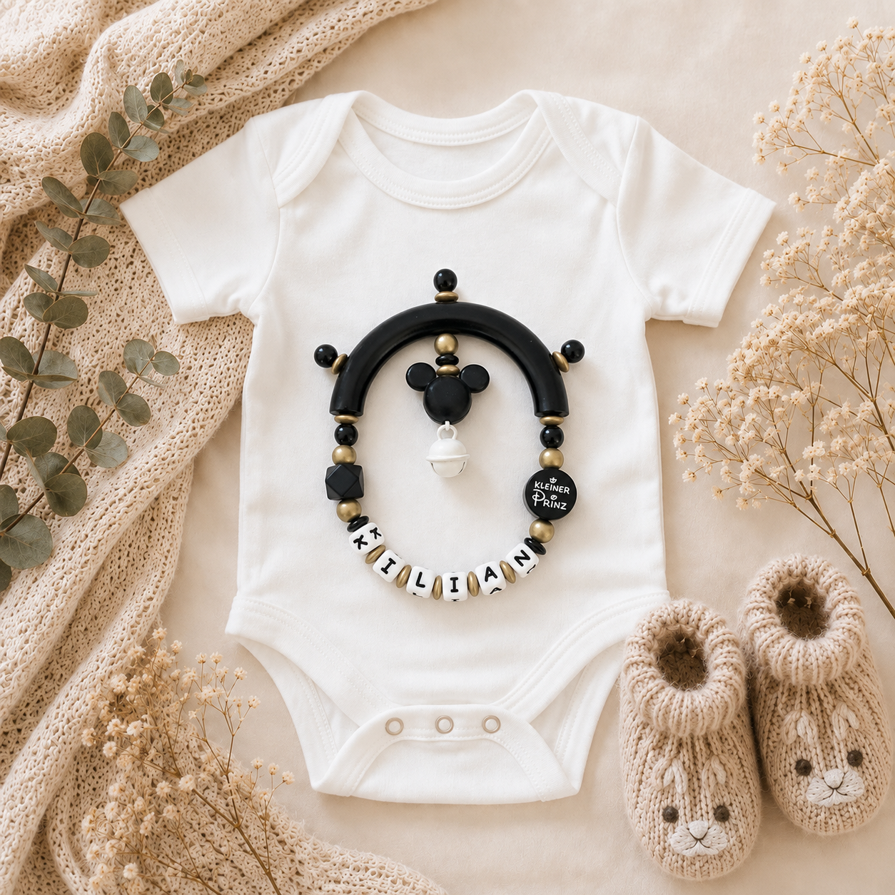 3-teiliges Baby Set „Kleiner Prinz“ Schwarz Gold – Schnullerkette, Greifling & Kinderwagenkette personalisiert