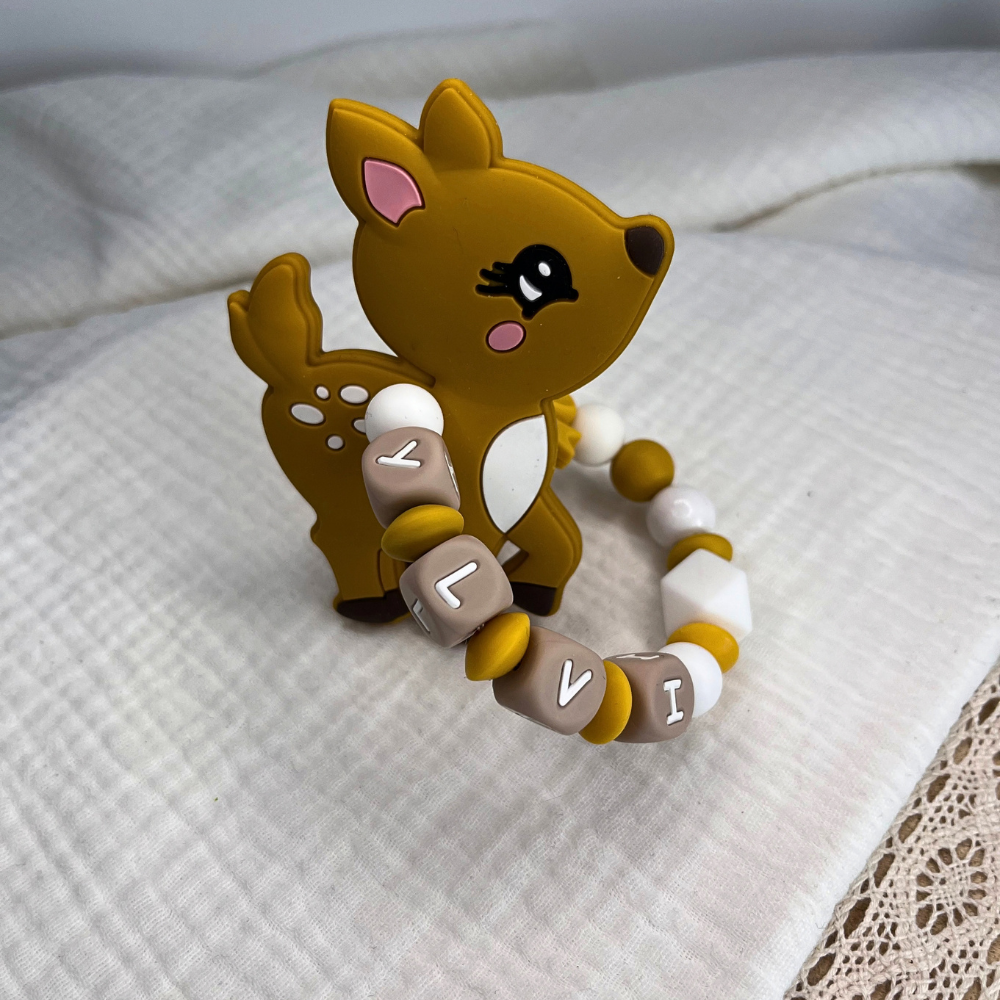 3er Set – Personalisierte Schnullerkette, Greifling & Kinderwagenkette - Reh - Baby Junge Mädchen