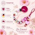 Personalisierte Schnullerkette mit Namen - Holz & Silikon - Baby Mädchen - Pink Natur - Löwen Design