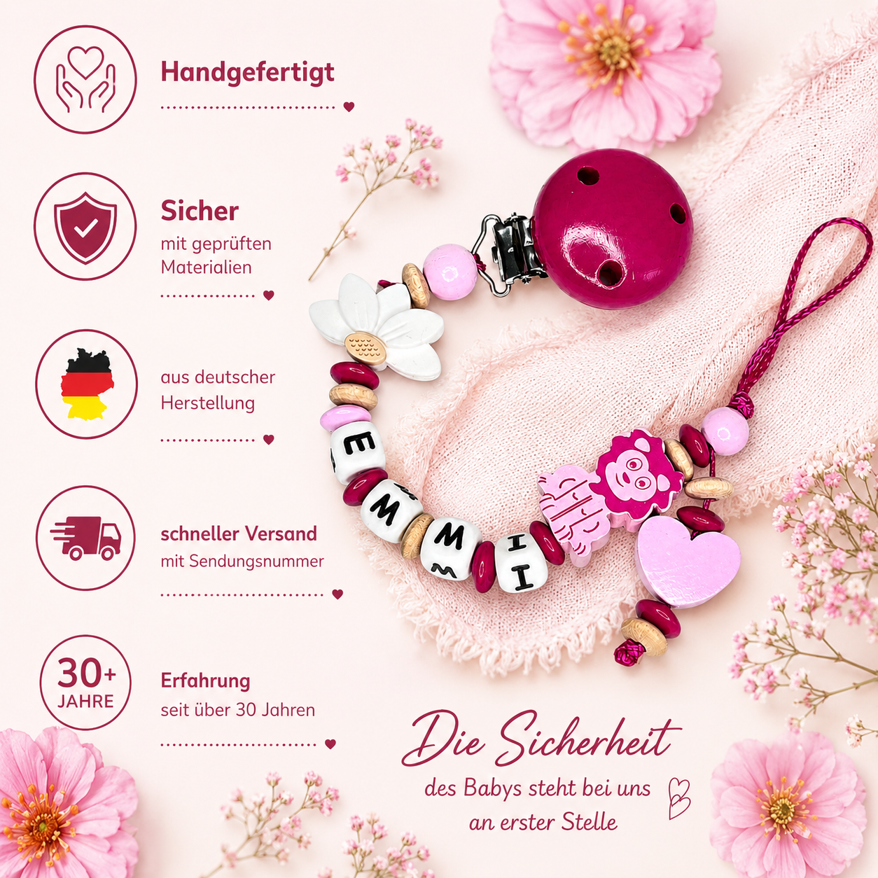 Personalisierte Schnullerkette mit Namen - Holz & Silikon - Baby Mädchen - Pink Natur - Löwen Design