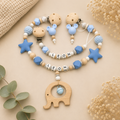 2teiliges Sparset - Schnullerkette + Greifling + Kinderwagenkette - Blau/Natur, Maus, Sterne + Holz Elefant