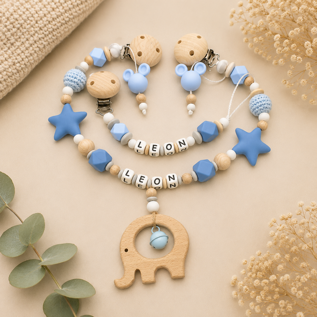 2teiliges Sparset - Schnullerkette + Greifling + Kinderwagenkette - Blau/Natur, Maus, Sterne + Holz Elefant
