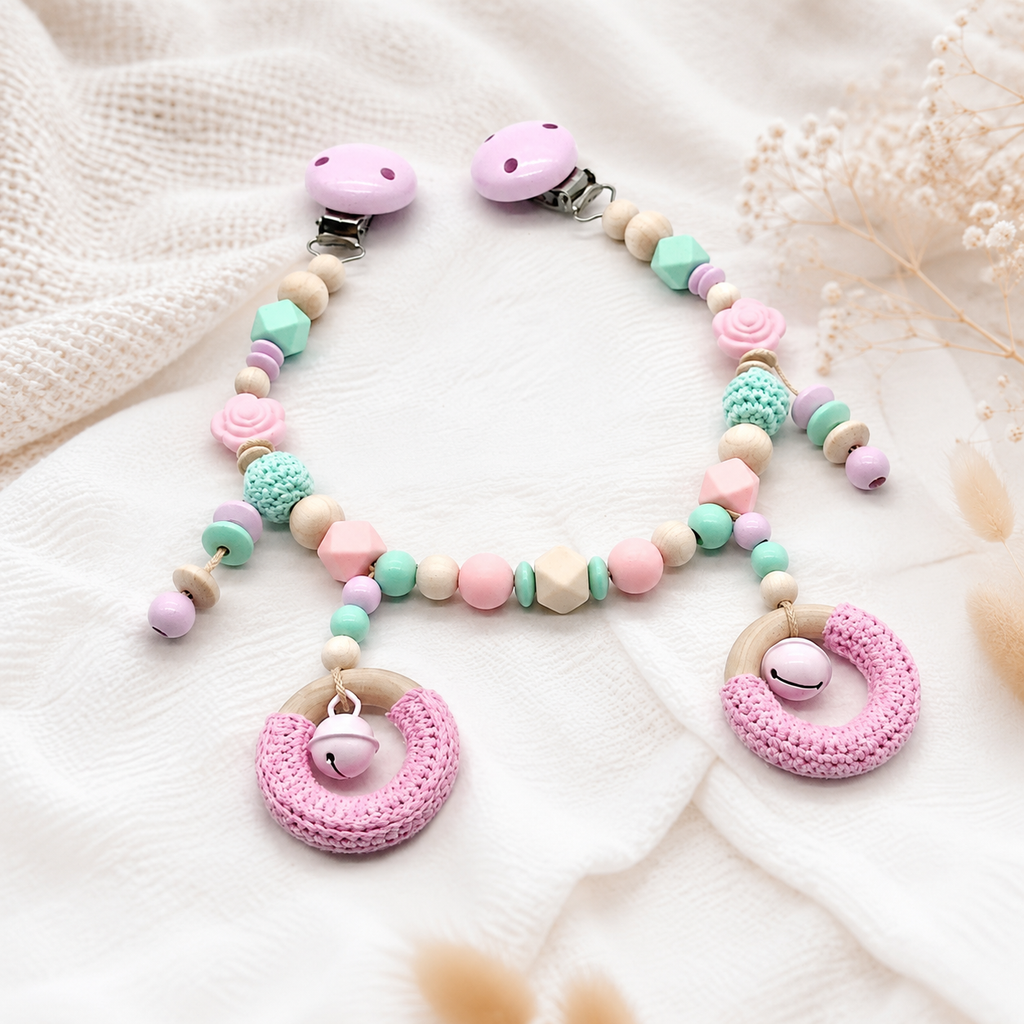 Kinderwagenkette - Glöckchen, Mint, Natur, Rosa