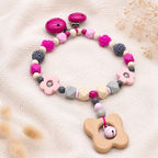 Kinderwagenkette - Glöckchen, Rosa, Natur, Grau + Holz Schmetterling