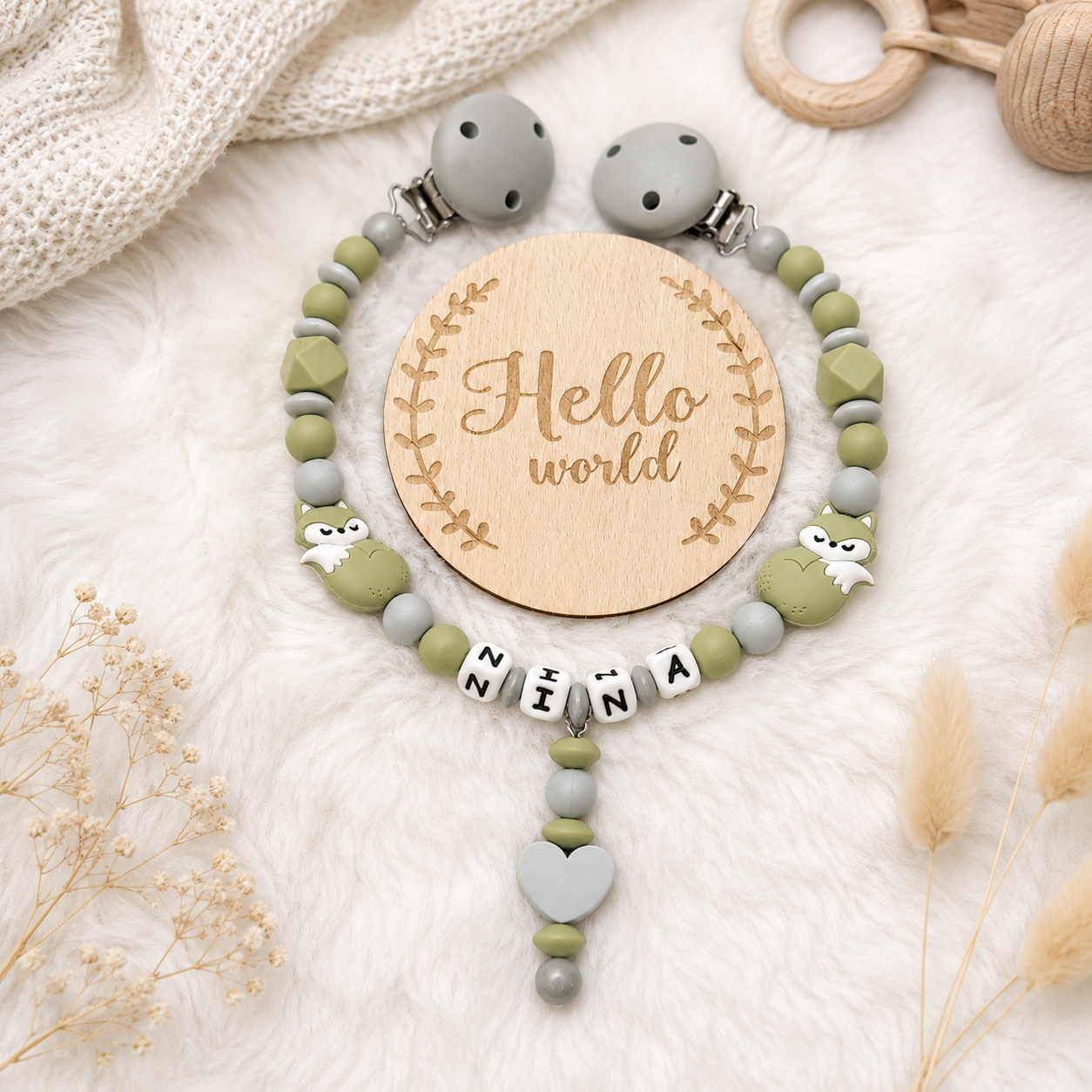 Kinderwagenkette - Fuchs | Herz | Olivegrün & Grau