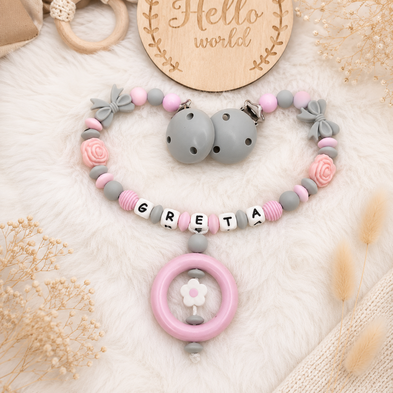 Kinderwagenkette - Schleife | Blümchen | Rosa & Grau