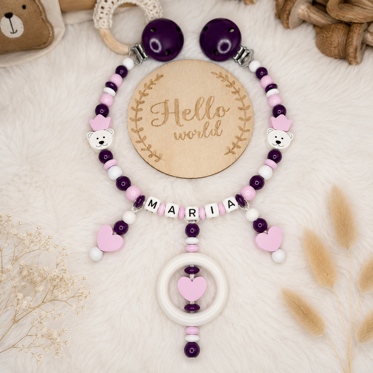 Kinderwagenkette - | Teddybär | Herz | Rosa, Violett & Weiß