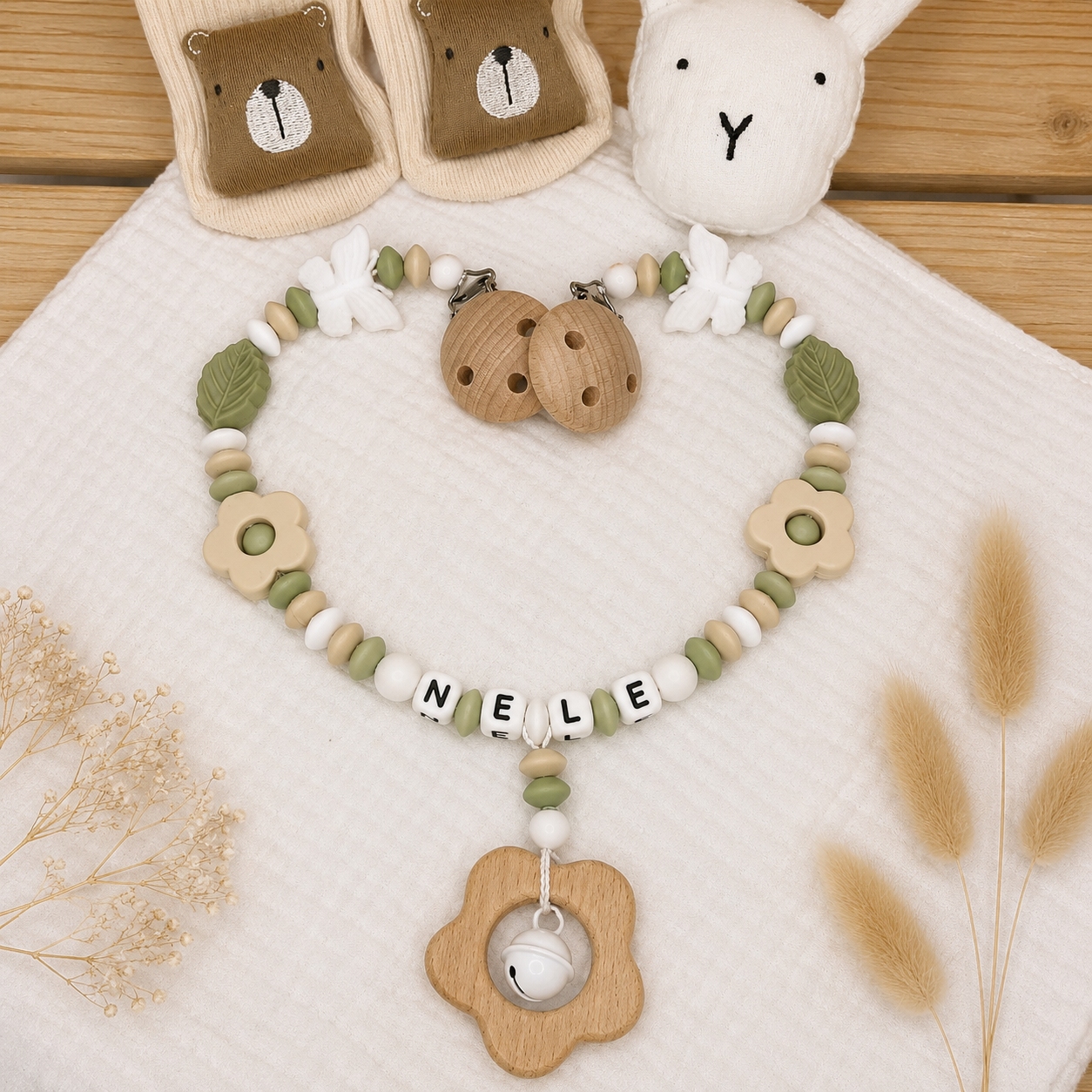 Kinderwagenkette - | Blümchen in Grün Beige