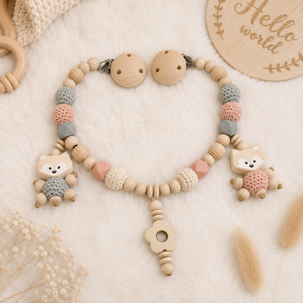 Kinderwagenkette Wagenkette ohne Namen Fuchs  Apricot und Grau
