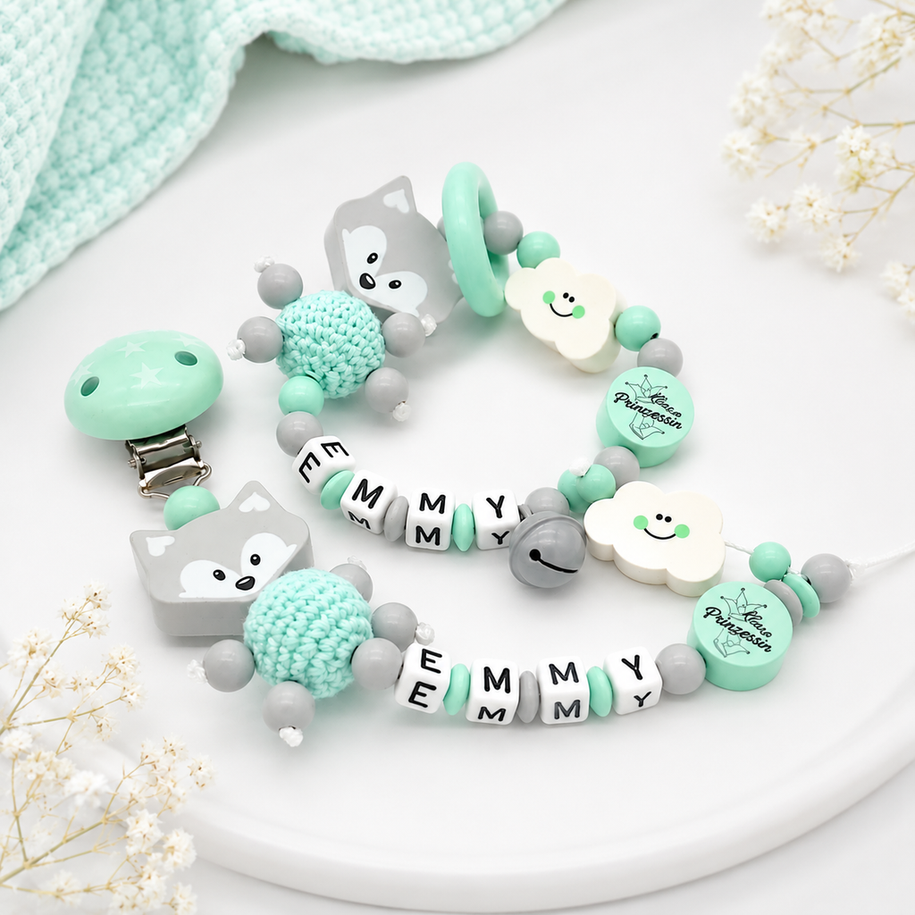 2teiliges Sparset - Schnullerkette + Greifling - Mint/Grau + Fuchs